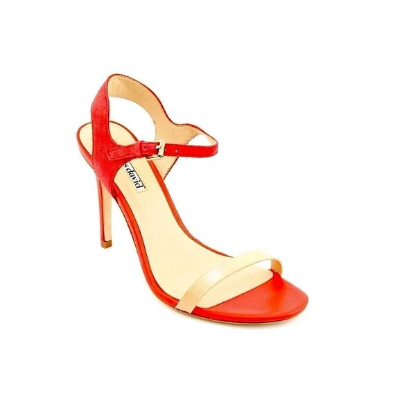 Charles David Strappy Colorblock Heels Stiletto in Red & Peach Leather 8.5 - Picture 2 of 11